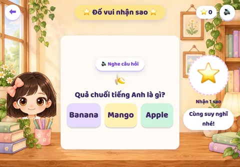 Câu đố có nút Nghe câu hỏi và ba đáp án; Lisa ngồi cạnh bàn học