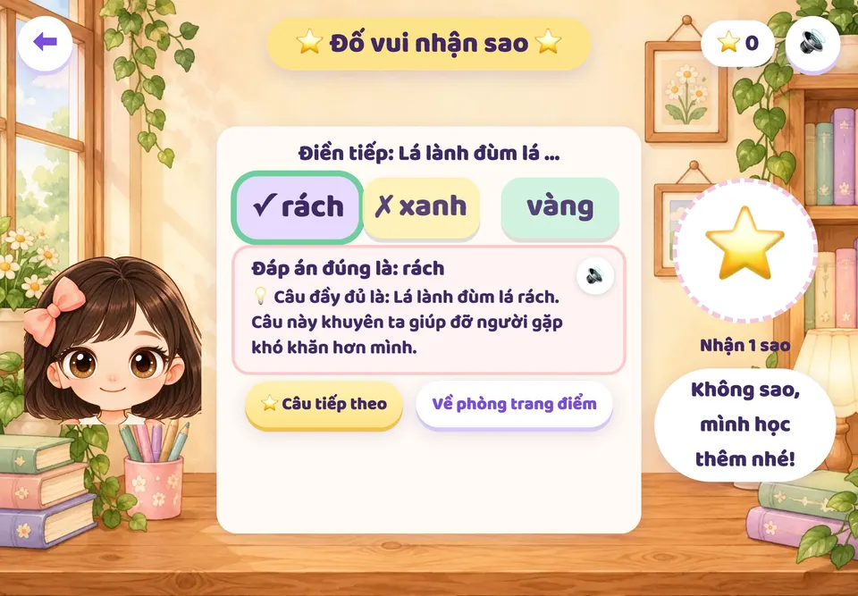 Trả lời sai: hiện đáp án đúng và lời giải thích, được đọc to