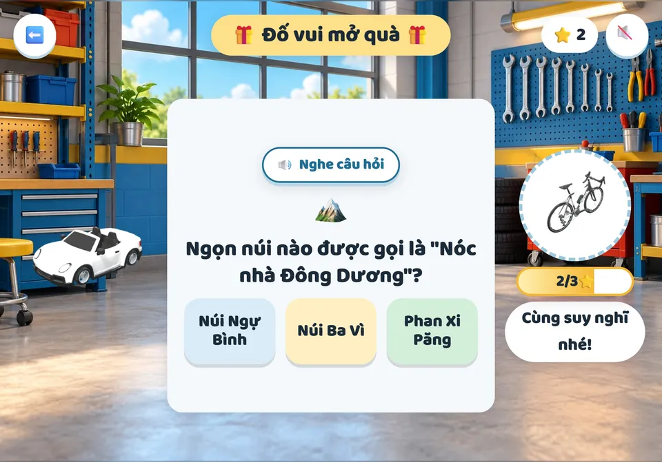Câu đố có nút Nghe câu hỏi, ba đáp án và hũ sao đang để dành món nóc chở xe đạp